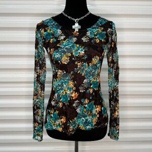 Y2K Brown & Turquoise Floral Mesh Lace Long Sleeve